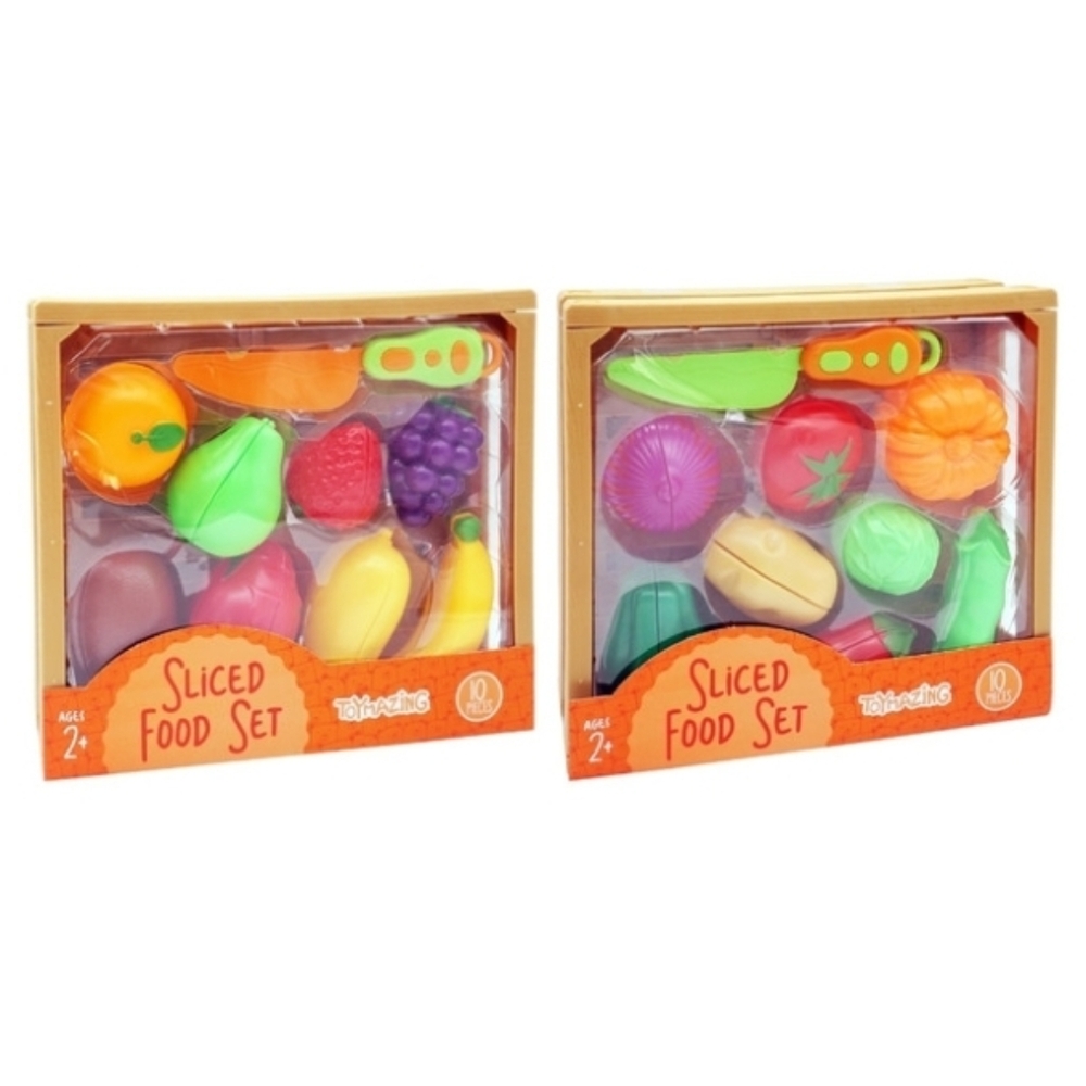 2pks of 10 each Plastic Sliced Food Toy Set Fruits & Vegetables in Plastic Crate